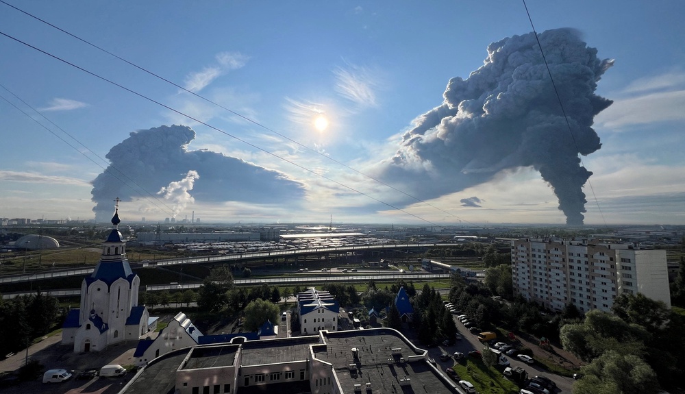 Smoke billows from the burning Wildberries warehouses following a Ukrainian drone attack, according to local authorities, in the course of the Russia-Ukraine conflict, in Saint Petersburg, Russia July 24, 2026. (Reuters)