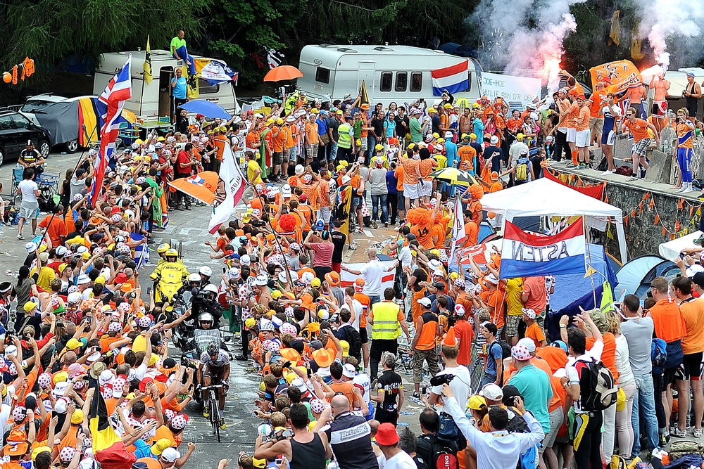 Fans flood Alpe d'Huez when the Tour de France visits, including at 