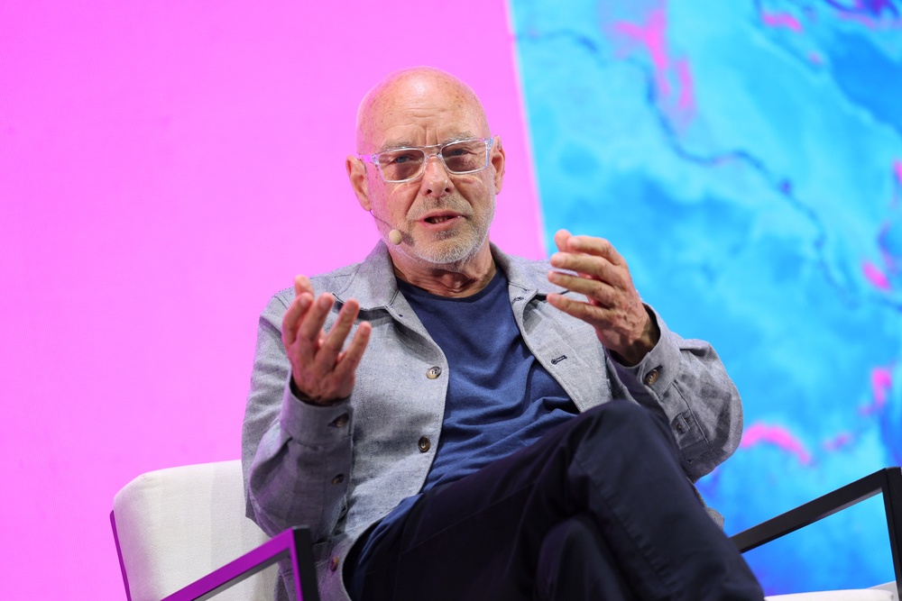 Brian Eno speaks on stage at EarthPercent Presents: 