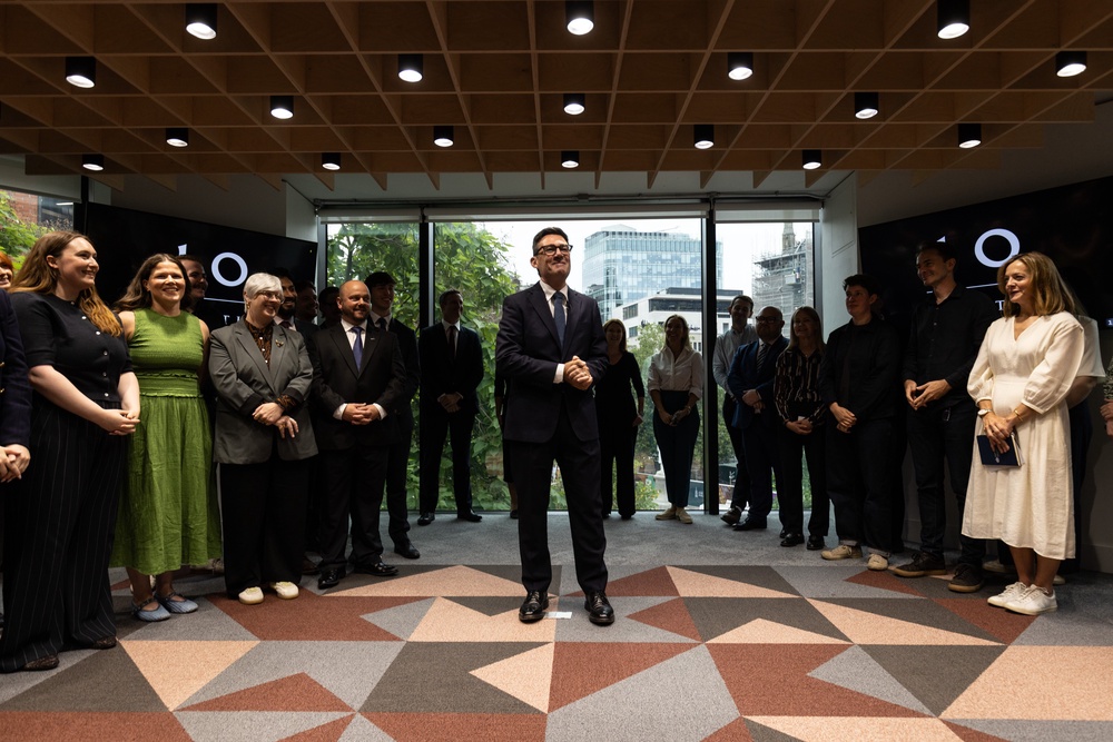 New Prime Minister Andy Burnham arrives and greets staff at No 10 North, located in Heron House, central Manchester (James Speakman/The Times/PA) (PA Wire)