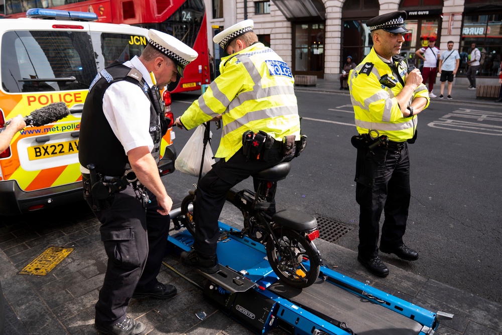 Police are using portable Dynostar and Wenger test kits that act as treadmills, quickly measuring whether e-bikes or e-scooters can propel themselves faster than the legal limit of 15.5mph (Ben Whitley/PA Wire)