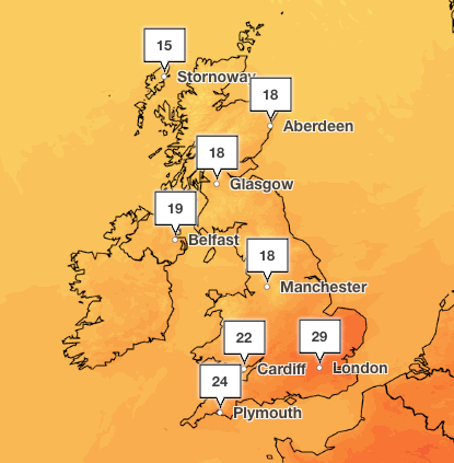 Met Office forecast temperatures will reach 29C on Saturday in London (Met Office)