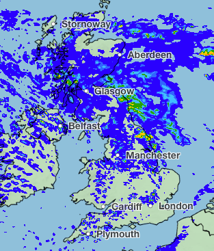 Showers are expected across Scotland and northern England on Sunday morning with patchier rain in the South (Met Office)