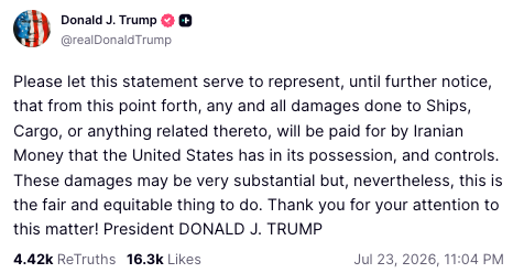Donald Trump said the US would compensate damaged ships with Iranian money (Donald Trump)