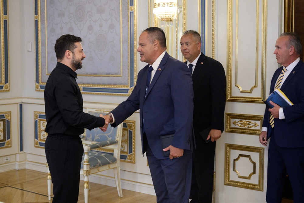 Ukraine's president Volodymyr Zelensky welcomes Joseph DeAntona, vice president of Requirements and Capabilities for Land and Air Defence Systems at Raytheon (Reuters)