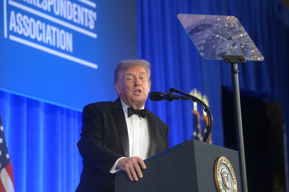 President Donald Trump speaks at the White House Correspondents’ Association dinner at the Waldorf Astoria Washington DC in Washington (Rod Lamkey Jr/AP) (AP)