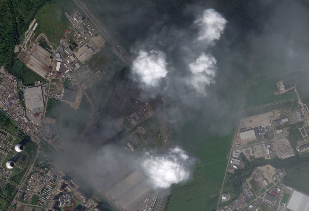 A satellite image shows smoke rising from the Wildberries facility in St Petersburg, Russia (Reuters)