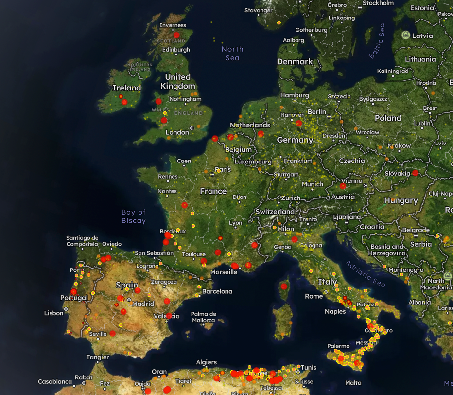 Map created by FireMap using data from NASA reveals where wildfire are across Europe (FireMap)