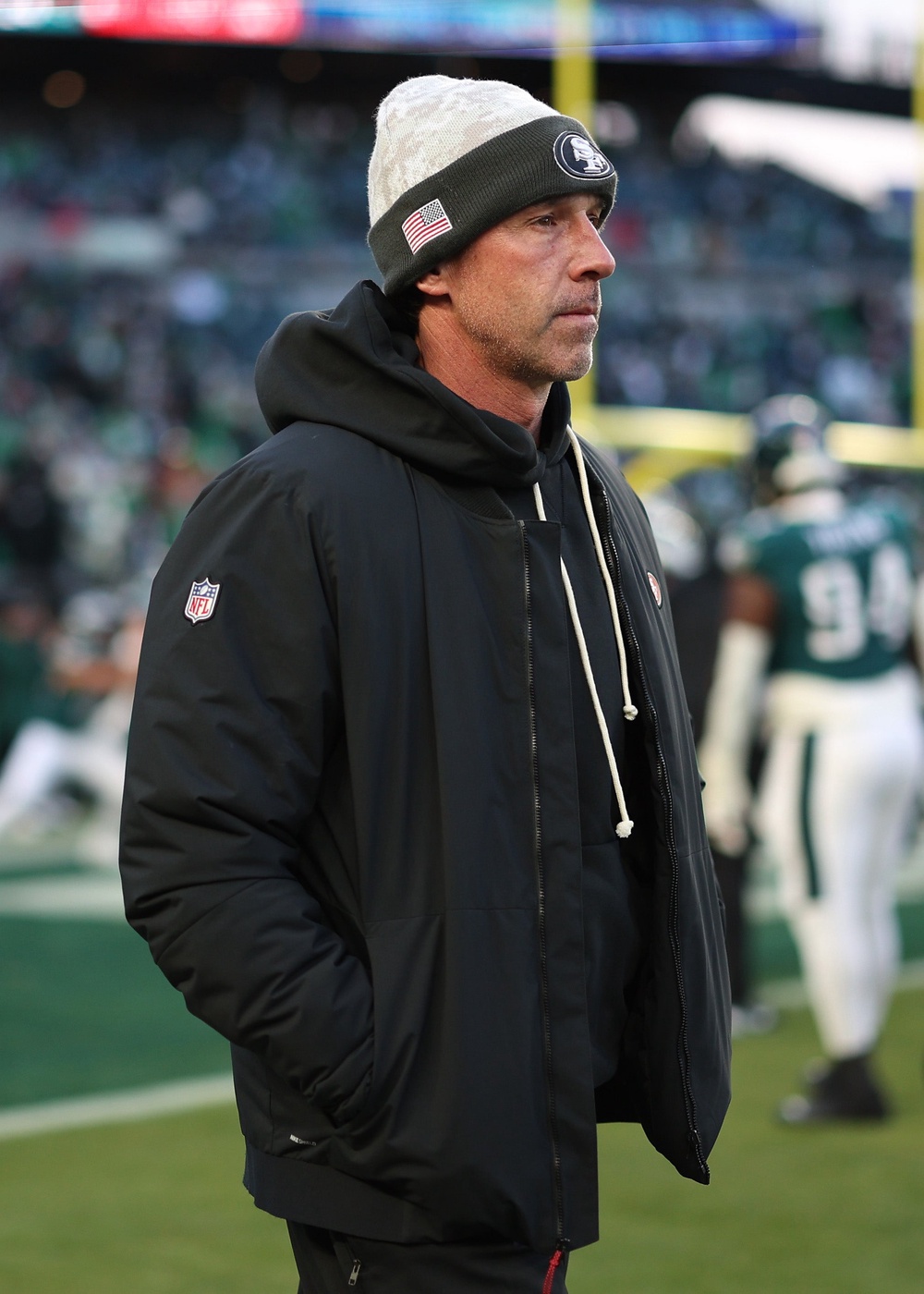 Head coach Kyle Shanahan of the San Francisco 49ers looks on before the NFC Wild Card Playoff game against the San Francisco 49ers at Lincoln Financial Field in January (Getty)