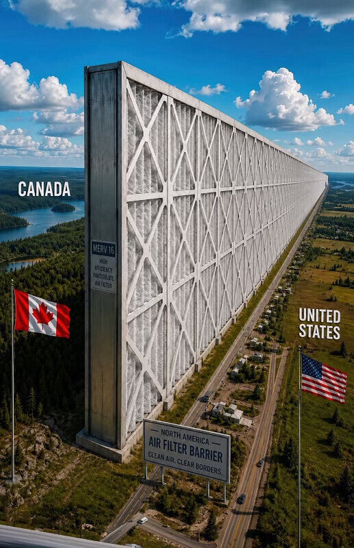 President Donald Trump took his latest swipe at Canada by posting an AI slop image of a giant air filter along America's northern border (@realDonaldTrump/Truth Social)