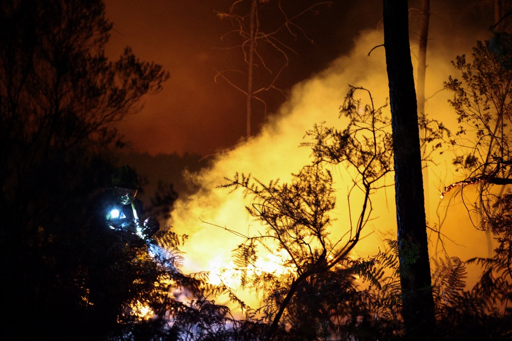A firefighter works at the scene of a wildfire in Andernos-les-Bains in the Gironde department, amongst worsening drought conditions following a heatwave and water shortages across much of France, 26 July 2026 (Reuters)
