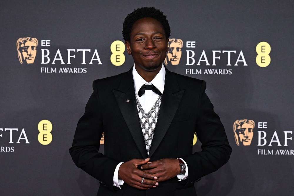 British actor David Jonsson poses on the red carpet upon arrival at the BAFTA British Academy Film Awards at the Royal Festival Hall, Southbank Centre, in London, on February 16, 2025 (AFP/Getty)