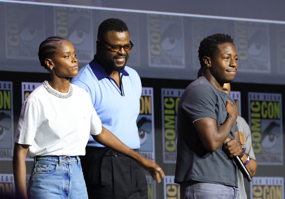 Letitia Wright, Winston Duke, and David Jonsson speak onstage during the 2026 Comic-Con International: San Diego (Getty)