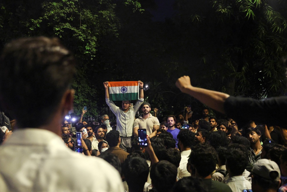 Cockroach Janta Party (CJP) supporters celebrate after the resignation of Education Minister Dharmendra Pradhan over National Eligibility cum Entrance Test (NEET) examination paper leaks, at Jantar Mantar in New Delhi, India, 25 July 2026 (Reuters)