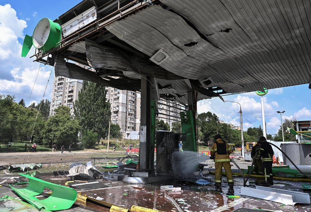 Firefighters work at the site of a petrol station hit by a Russian airstrike, amid Russia's attack on Ukraine, in Zaporizhzhia, Ukraine, July 26, 2026. (Reuters)