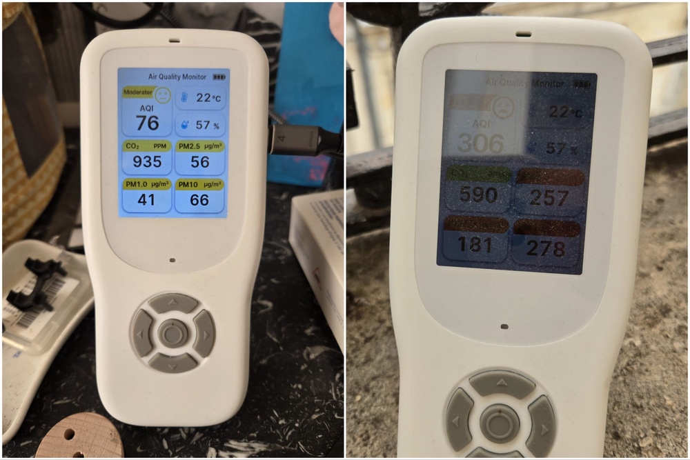 The air quality inside Ira's home (left) and outside (right) (Ira Szmuk)