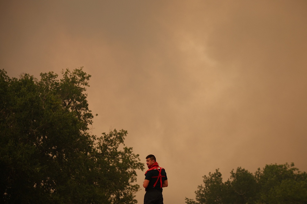 A firefighter looks on, as a wildfire burns nearby, amid worsening drought conditions following a heatwave and water shortages across much of France, in Pierroton, Gironde, France, July 26, 2026. (Reuters)