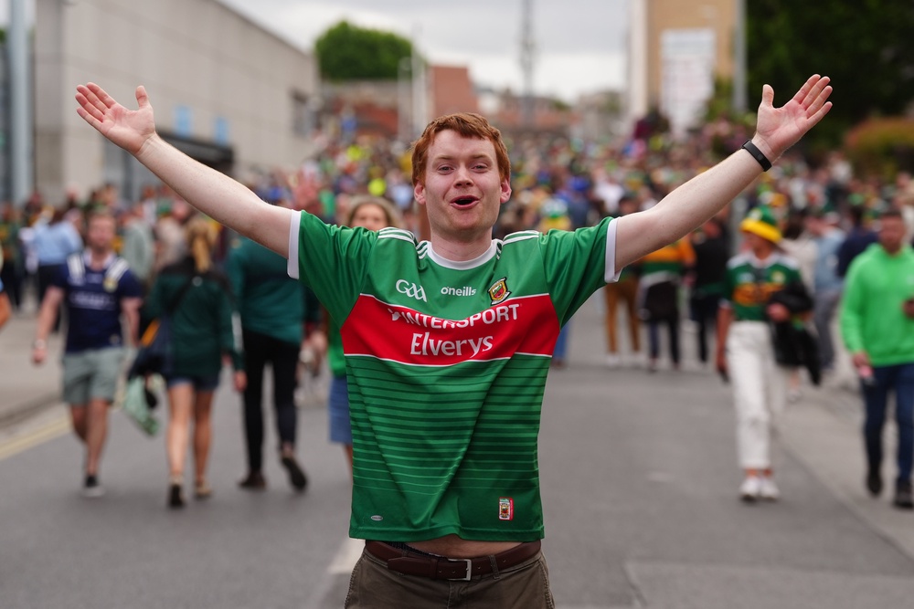 Patrick Devaney from Knock celebrates outside Croke Park stadium after Mayo beat Kerry in the All-Ireland Senior Football Championship final, the team's first win since 1951 (PA)