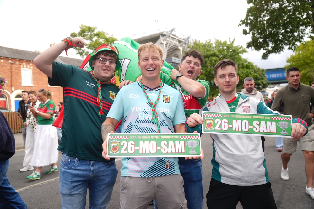 Fans outside Croke Park stadium after Mayo beat Kerry in the All-Ireland Senior Football Championship final, the team's first win since 1951 (PA)