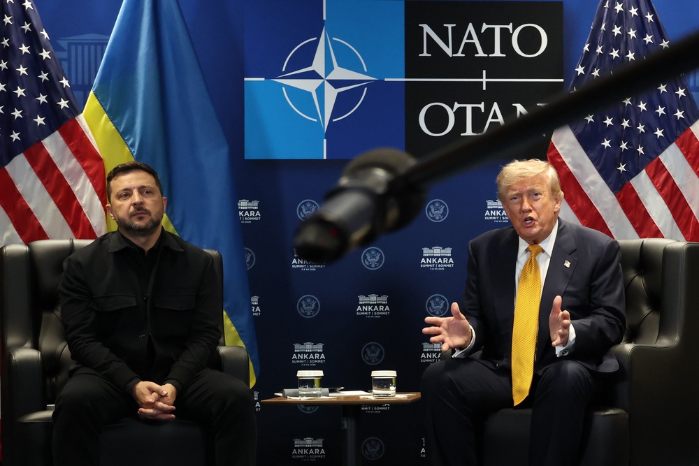 Donald Trump meets with Ukrainian president Volodymyr Zelenskyy for bilateral talks during the Nato summit in Ankara, Turkey, on 8 July 2026 (Getty)