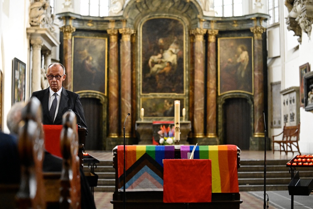 German Chancellor Friedrich Merz speaks during a mass on Sunday, after the attack,  at the Marienkirche church in Berlin (AFP/Getty)