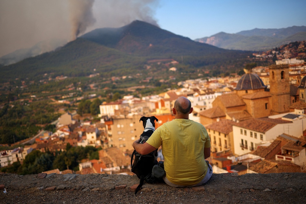A man and his dog look at a wildfire in a mountain in Onda, Spain (Reuters)