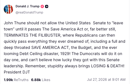 Trump is demanding the Senate change its' rules to pass a bill that would restrict voting nationwide (Truth Social)