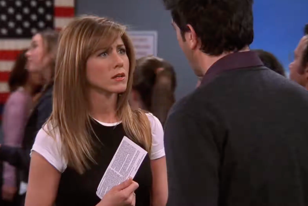 Make it quick: Rachel and Ross having a moment at the airport in ‘Friends’ (Warner Bros)