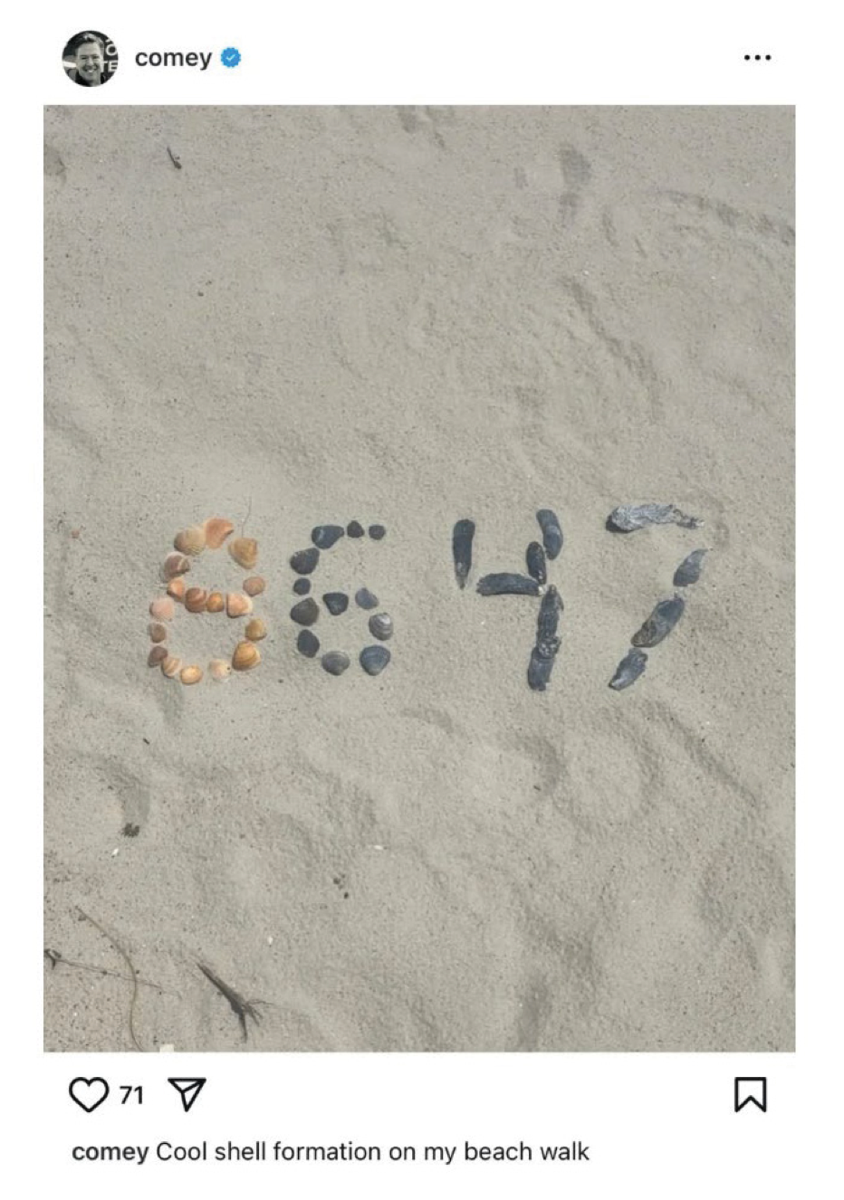 Comey is charged with threatening President Donald Trump’s life by posting this photo of seashells arranged to show the numbers 86 and 47 on social media (Department of Justice)
