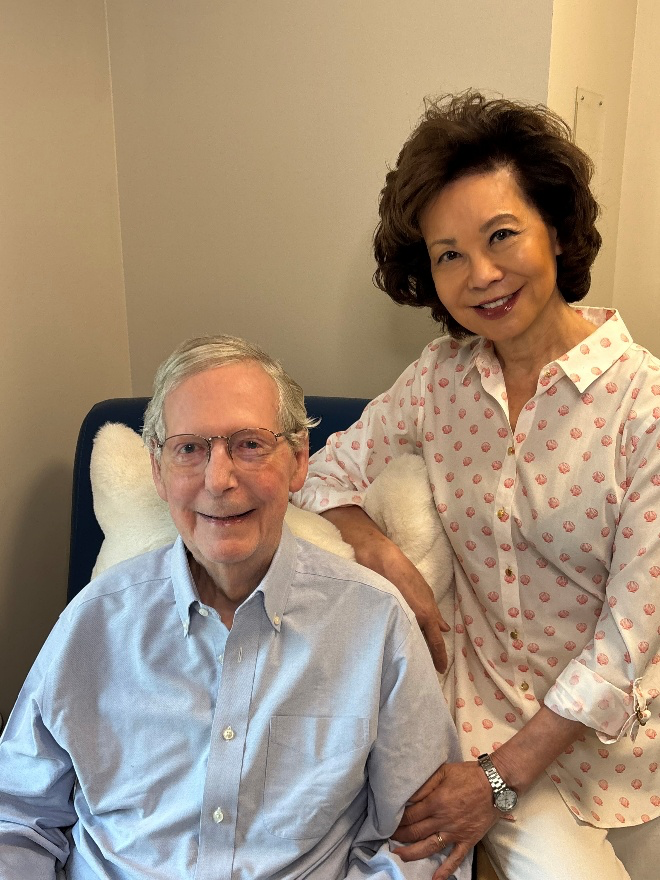 Kentucky Sen. Mitch McConnell, with wife and former Trump Cabinet member Elaine Chao at a rehab center in July (Office of Sen. Mitch McConnell)