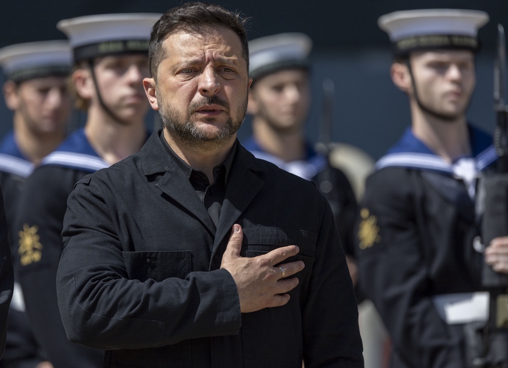 Ukrainian President Volodymyr Zelensky during a visit to HM Naval Base in Portsmouth, Hampshire (Simon Jones/The Sun/PA) (PA Wire)