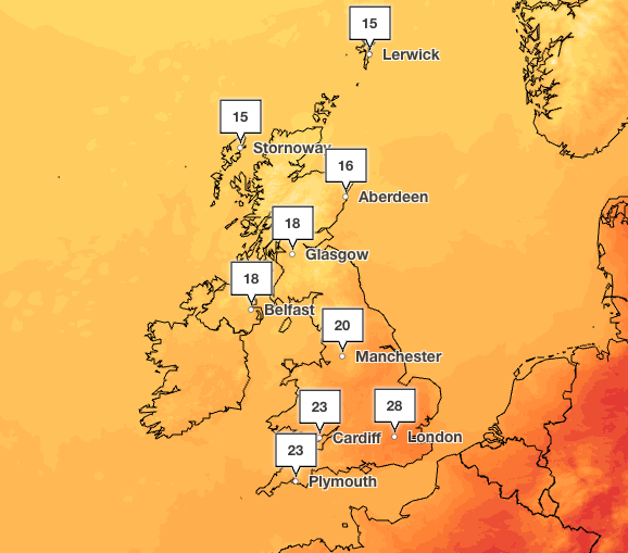 Thursday will also see highs of 28 degrees in the south while the north of England remains cooler (Met Office)