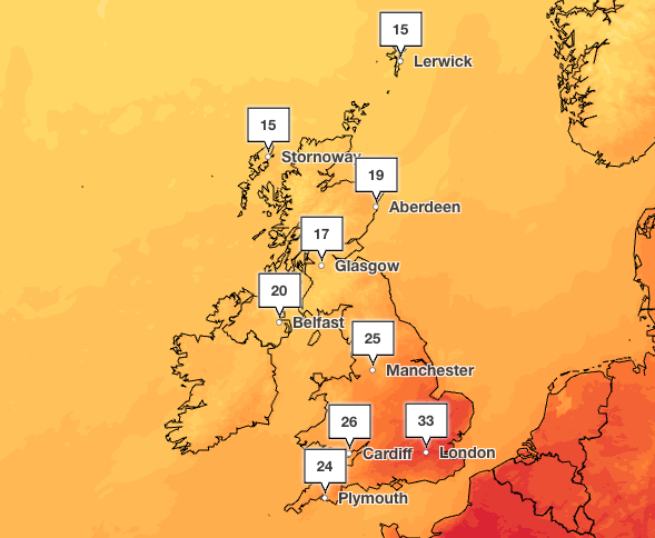 Temperatures reaching 33 degrees are set to hit southern England on Wednesday (Met Office)