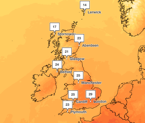 Highs of 29 degrees are expected in London on Tuesday (Met Office)