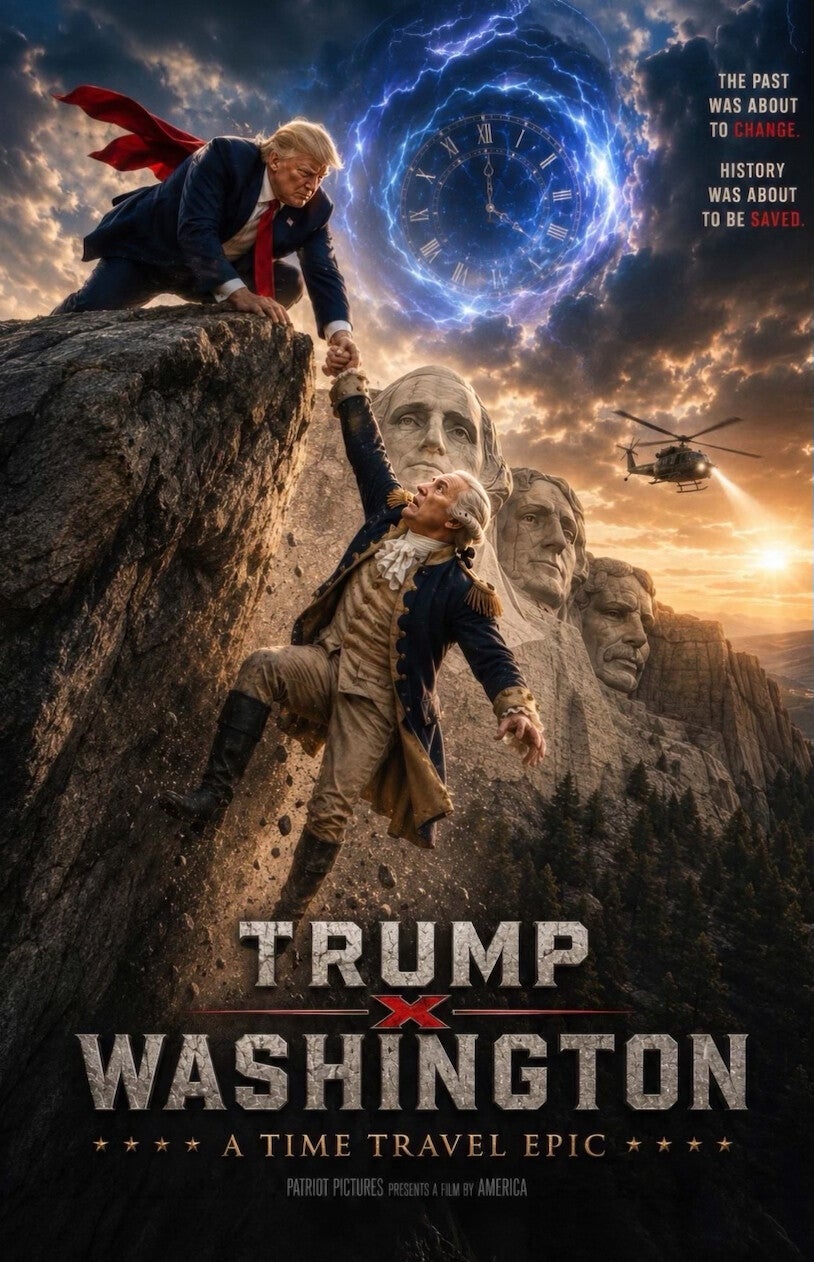 President Trump shared a slew of Truth Social posts on Sunday night, including an A.I.-generated movie poster depicting time travel and former President George Washington (@realDonaldTrump/Truth Social)