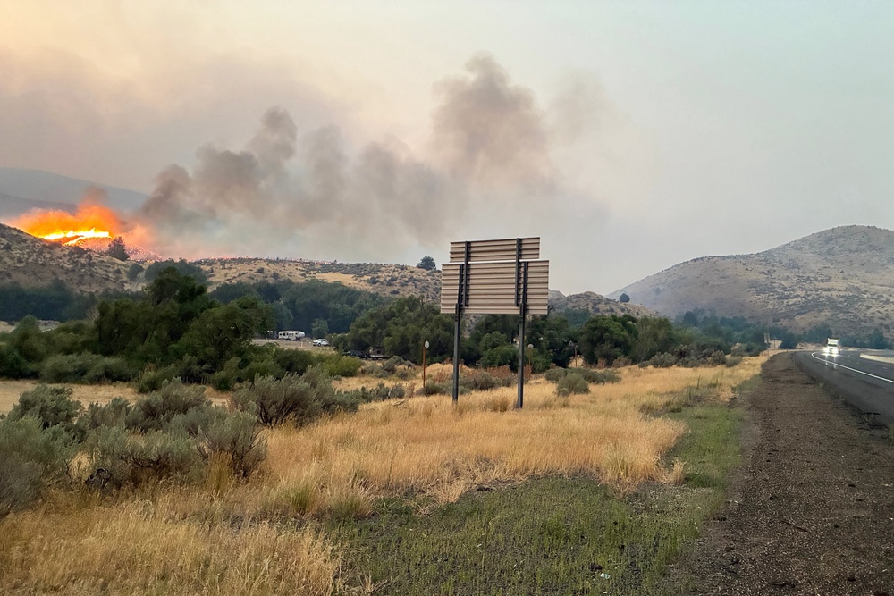 Interstate 84 was shut for approximately 70 miles (113 kilometres) between Baker City and Ontario, close to the Idaho state line, due to the Fox Fire (Oregon Department of Transportation)