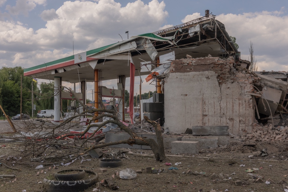 This photograph shows a petrol station destroyed in an air attack in the town of Izium, in the eastern Kharkiv region (AFP/Getty)