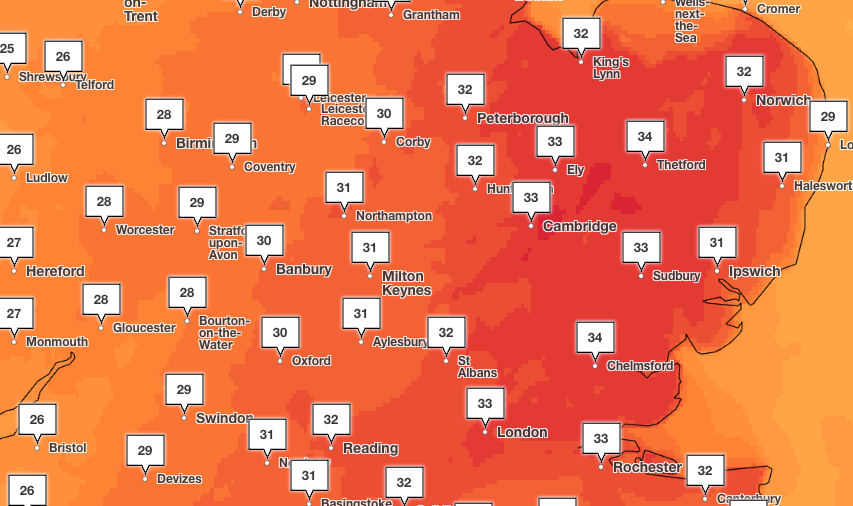 Temperatures in Cambridgeshire are set to reach 34C on Wednesday (Met Office)