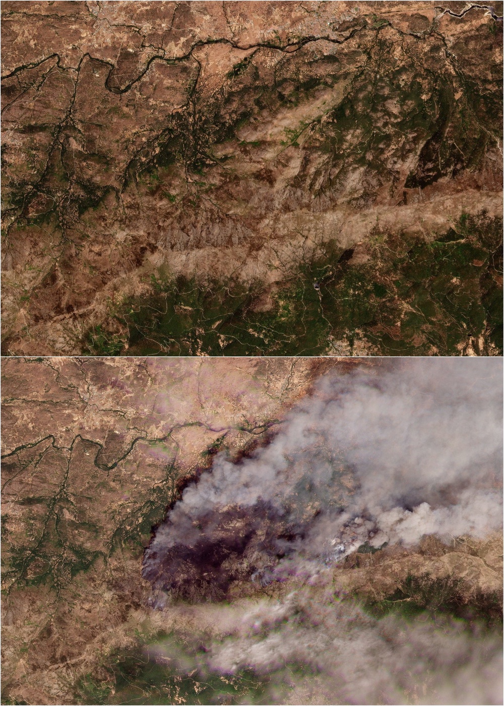 Satellite imagery of an area near Navaluenga, in Avila, Castile and Leon, Spain, before it was affected by a wildfire (top), 17 July; smoke rising from the area as a wildfire burns (bottom), 23 July (Reuters)