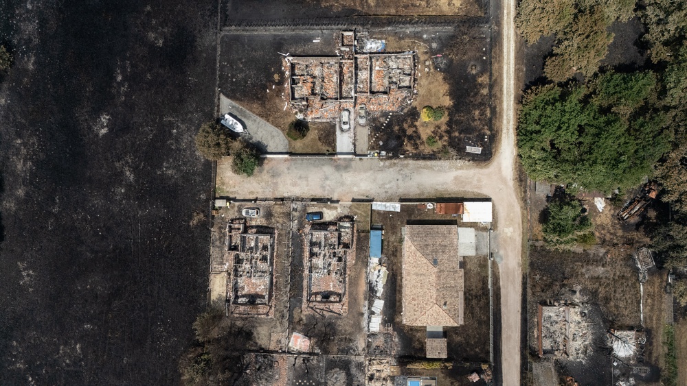 Damaged houses in a burnt area in the town of Le Porge, following a wildfire in the Gironde Department, southwestern France, on 27 July (AFP/Getty)