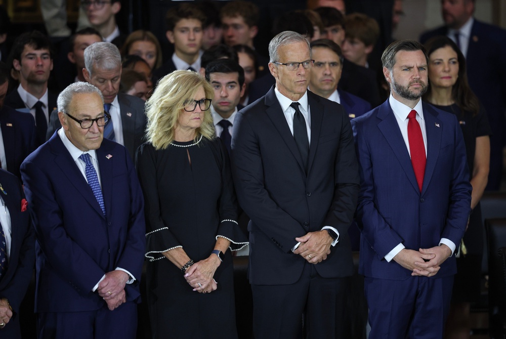 Senate Majority Leader Chuck Schumer (D-NY), U.S. Sen. Marsha Blackburn (R-TN),  Senate Majority Leader John Thune (R-SD) and U.S. Vice President JD Vance are seen in the Rotunda (Getty Images)