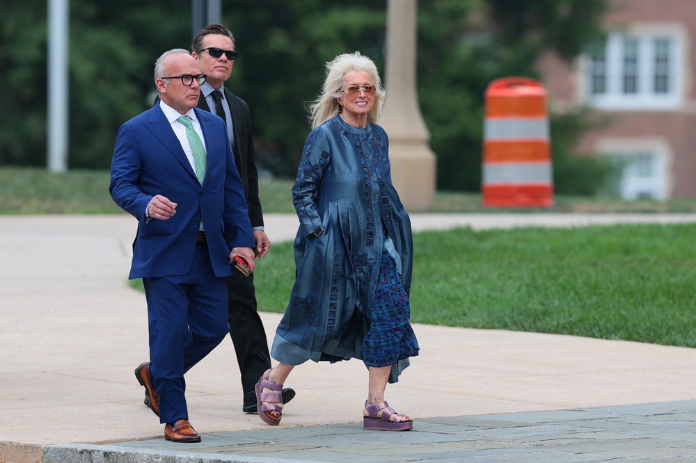 Miriam Adelson arrives for the funeral service for the late U.S. Sen. Lindsey Graham (R-SC) outside the Washington National Cathedral on Tuesday (Getty Images)