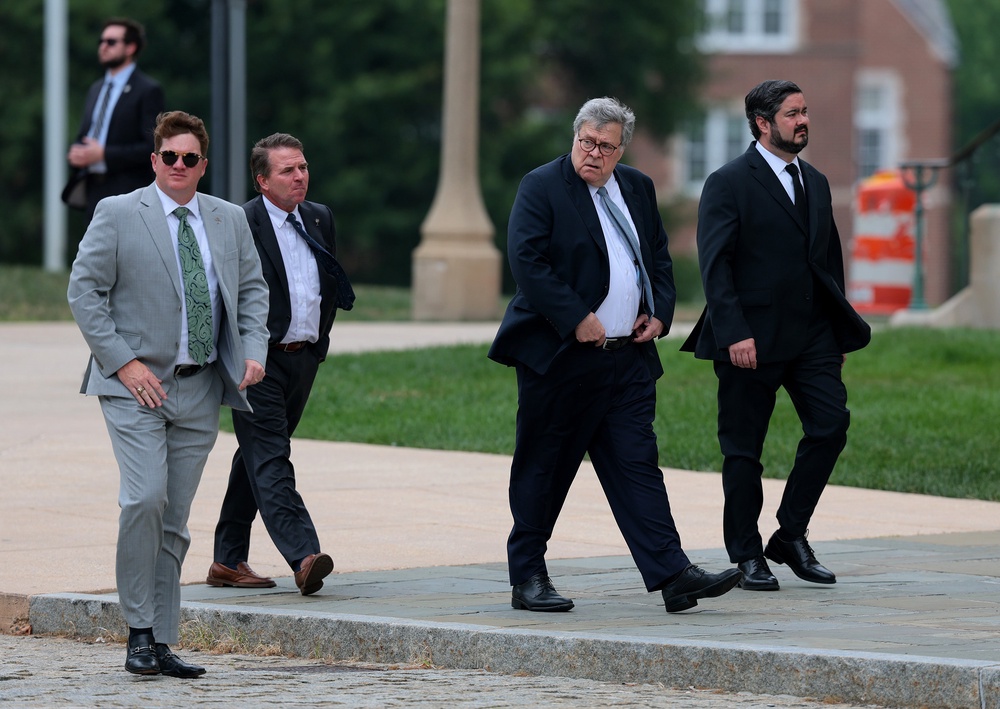 Former Attorney General Bill Barr arrives for the funeral service for the late Sen. Lindsey Graham outside the Washington National Cathedral (Getty)