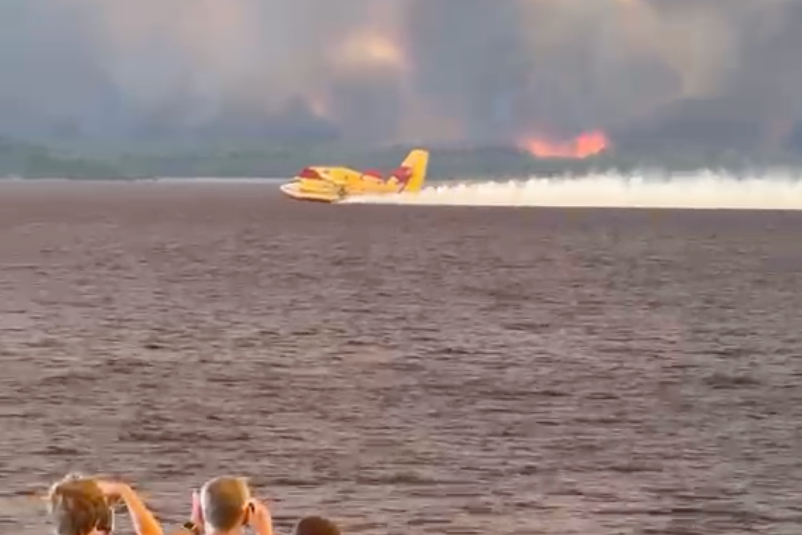 Beachgoers in Lacanau watch a firefighting plane skim the sea surface (Mathias Monseigne)