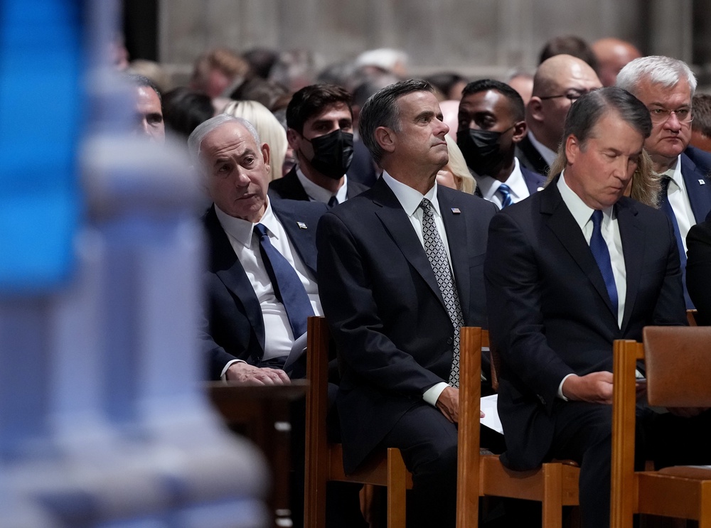 Israeli Prime Minister Benjamin Netanyahu, Central Intelligence Agency Director John Ratcliffe, and Supreme Court Associate Justice Brett Kavanaugh  attend the funeral service for the late Sen. Lindsey Graham (Getty Images)