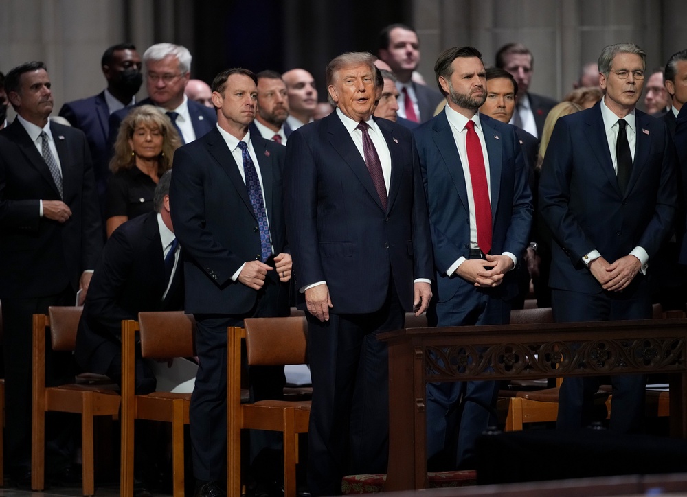 President Donald Trump, Vice President JD Vance, and Treasury Secretary Scott Bessent attend the funeral service for the late Sen. Lindsey Graham (Getty Images)