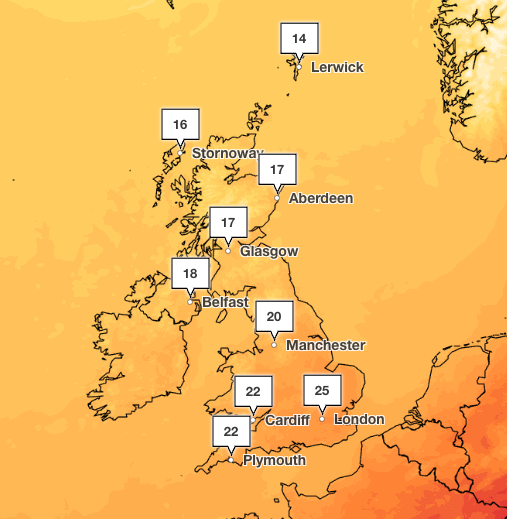 Temperatures are set to cool slightly on Friday and drop to the mid-twenties (Met Office)
