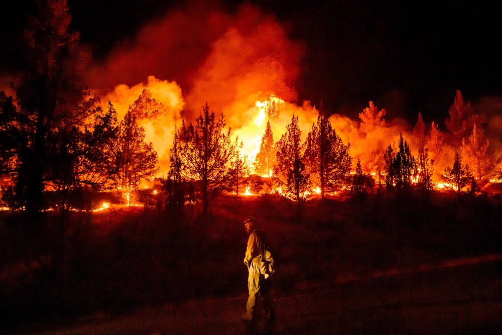 A firefighter monitors a firing operation while battling a wildfire called the Bench Fire in Warm Springs, Ore., July 25, 2026. (AP Photo/Noah Berger, File)