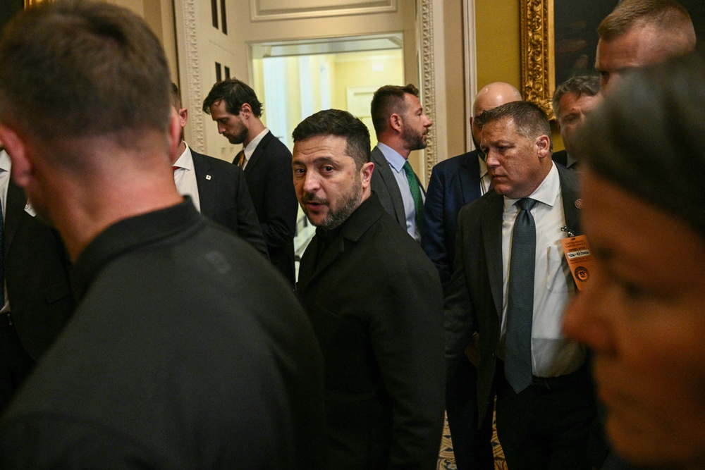 Ukrainian president Volodymyr Zelensky leaves after a meeting with US senators at the US Capitol in Washington, DC, on 28 July 2026 (AFP/Getty)