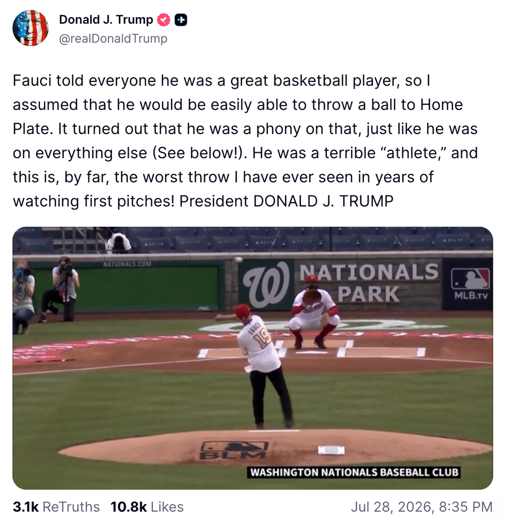 ‘He was a terrible “athlete,”’ Trump said of Fauci, the former National Institute of Allergy and Infectious Diseases director (@RealDonaldTrump/Truth Social)
